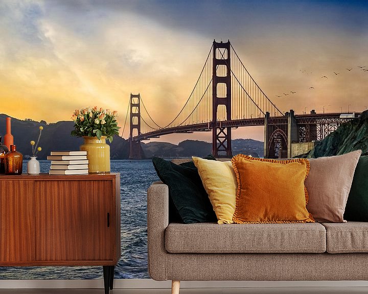 Sfeerimpressie behang: Golden Gate Bridge Sunset San Francisco van VanEis Fotografie