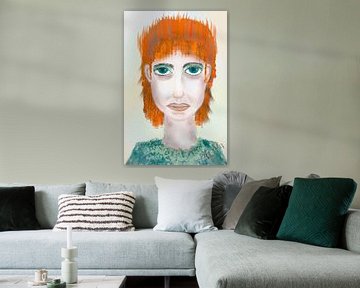 Tekening karikatuur portret van meisje in oranje en groen van Marianne van der Zee
