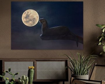 Mysterieuze Beeldmanipulatie van Krijsende Otter bij Volle Maan - Fantasievolle Nachtkunst van Elianne van Turennout