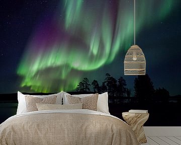 Lake and aurora borealis, Lake Inari, Lapland, Finland by Nature in Stock