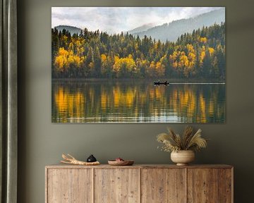 Bomen in herfstkleuren met roeiboot op spiegelend meer in Canada