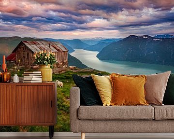 Fjord met schapen in Noorwegen van Ruud Jansen