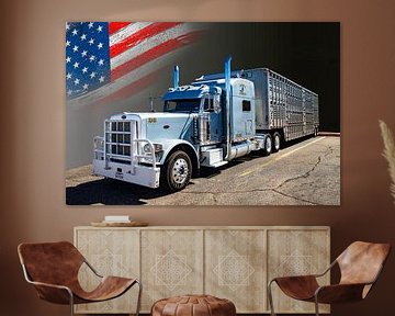Camion américain, Peterbilt, avec remorque de transport de bétail. sur Gert Hilbink