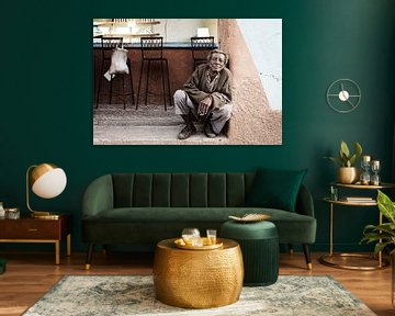 Portrait of old poor bum in front of a bar in Trinidad, Cuba by Tjeerd Kruse