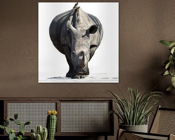 Rhinozeros-Porträt in Weiß mit Vögeln von Sharing Wildlife