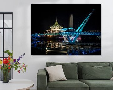 Night photo of Darul Hana Bridge over the Sarawak river in Kuching (Borneo) by Wolfgang Stollenwerk