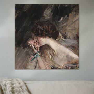 Borstbeeld van een jonge vrouw met een bloem (Anjermeisje; Jeanne), Giovanni Boldini