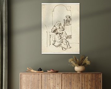 Drie vrouwen en een kind bij een huisdeur, Rembrandt van Rijn
