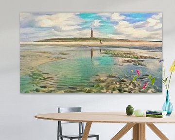 Stijlvol schilderij: wandeling op het strand van Texel - geschilderd met algoritme