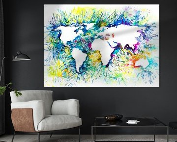 Wereldkaart Kleurrijk Abstract | Aquarel Schilderij van Wereldkaarten.Shop