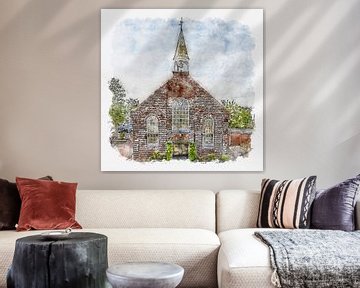 Gereformeerde kerk in Bruinisse (Zeeland) (aquarel)