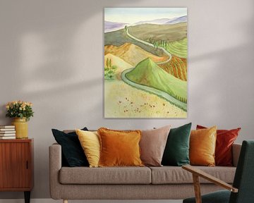 Het glooiende landschap (aquarel schilderij natuur heuvels zonsondergang  groen road trip reizen) van Natalie Bruns