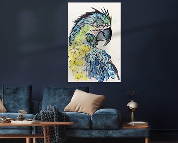 De blauwgele ara papegaai (aquarel schilderij wilde dieren vogel dierentuin veren kinderkamer stoer