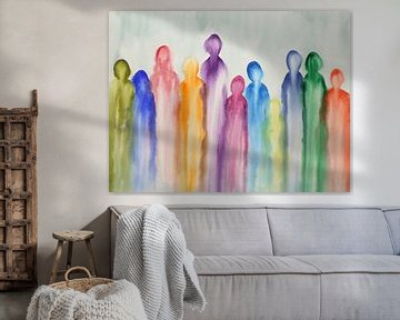 Samen (vrolijk abstract aquarel schilderij kleurrijke familie mensen regenboog kleuren druipen zen) van Natalie Bruns