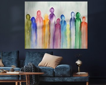 Samen (vrolijk abstract aquarel schilderij kleurrijke familie mensen regenboog kleuren druipen zen) van Natalie Bruns