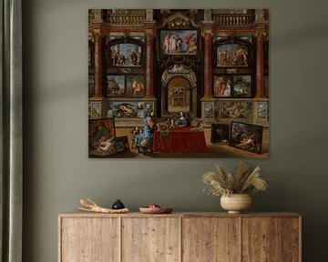 Schilderij, Interieur met figuren te midden van een verzameling schilderijen van Atelier Liesjes