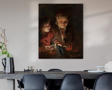 Schilderij, Oude vrouw en jongen met kaarsen