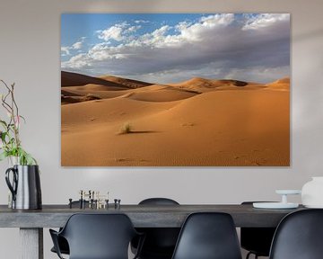 Wavy sand dunes at sunset in the background of dramatic sky clouds, Africa