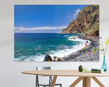 Waves hitting the coast of Madeira island in Portugal in Jardim do Mar