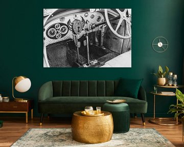 Bugatti Type 43 klassieke sportwagen dashboard in zwart en wit