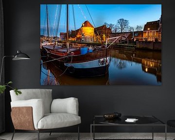 Zonsondergang over de Thorbeckegracht in Zwolle op kerstavond van Sjoerd van der Wal Fotografie