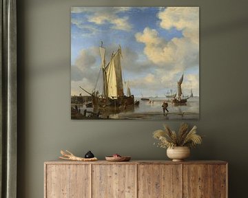 Nederlandse schepen sluiten de kust bij eb, en badende mannen, Willem van de Velde