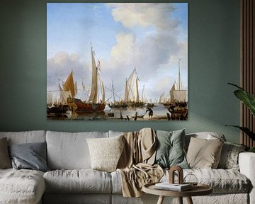 Ruhig: Eine Staatenyacht unter Segel in Ufernähe mit vielen anderen Schiffen, Willem van de Velde th