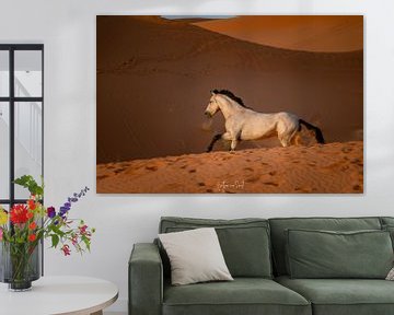 Prachtig galoperend wit paard in rode woestijn van Gertjan van Soest