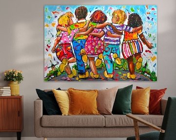 Vrolijke Hollandse kinderen klompendans van Vrolijk Schilderij