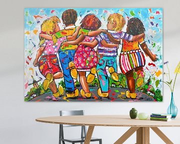 Vrolijke Hollandse kinderen klompendans van Vrolijk Schilderij