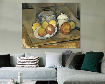 Strohbesetzte Vase, Zuckerdose und Äpfel, Paul Cézanne
