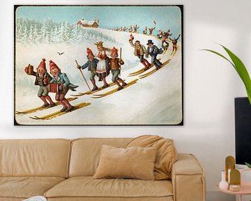 Julekort med bondebryllup og ski, Wilhelm Larsen von De Canon