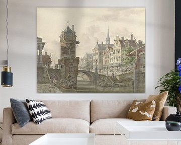 Gracht in een stad met een torentje bij een stenen brug, Jan Hendrik Verheijen