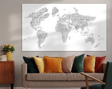 Carte du monde typographique en anglais sur WereldkaartenShop