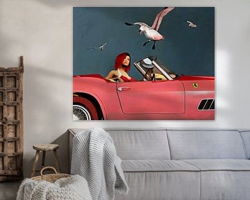 Ferrari 250GT Spyder California with red dressed girl and seagulls