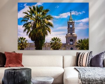 Cathedral with Palm trees at plaza de Armas in Arequipa, Peru by John Ozguc