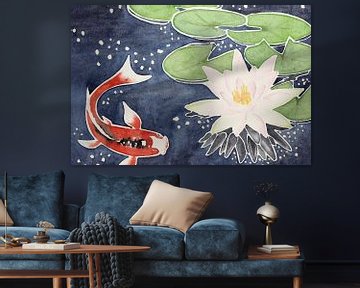 Red Koi Karpfen mit Lotusblume (Aquarell Malerei Blumen Tiere Fisch Yoga Buddhismus Teich schön von Natalie Bruns