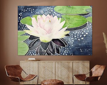 Roze lotusbloem in sprankelend water (aquarel schilderij bloemen planten yoga boeddhisme vijver)