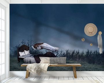 Sleeping Woman Floats Above Bed in Misty Outer Air (Seen at VT Wonen) by Elianne van Turennout