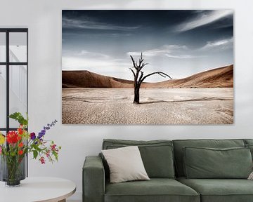 Tote Kameldornbäume vor roten Dünen und blauem Himmel in Deadvlei, Sossusvlei von Tjeerd Kruse