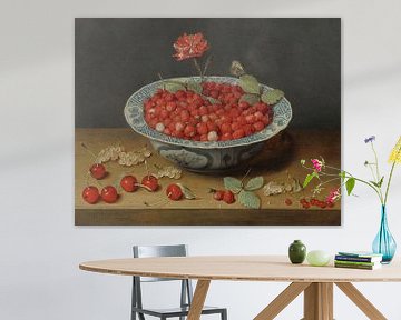 Wilde Erdbeeren und eine Nelke in einer Wan-Li-Schale, Jacob van Hulsdonck
