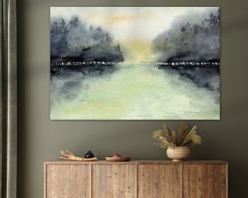Arbres dans la brume (aquarelle abstraite paysage forêt lever de soleil vert nature matin) sur Natalie Bruns