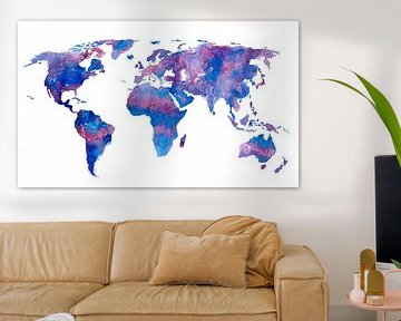 Wereldkaart in Paarstinten en blauw | Aquarel schilderij