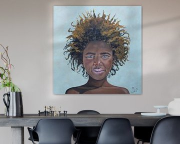 Afrikanisches Mädchen mit Afro-Haarschnitt (Gemälde) von Bianca ter Riet