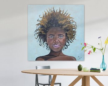 Afrikaans meisje met afro kapsel (schilderij) van Bianca ter Riet