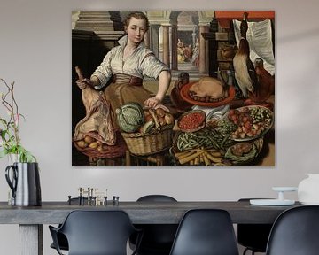 Keukenstuk, met op de achtergrond Jezus bij Martha en Maria, Joachim Bueckelaer