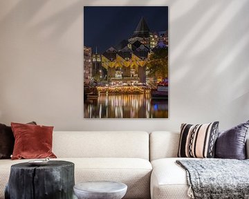 The nightly view of the Cube Houses, Laurenskerk and Het Potlood in Rotterdam by MS Fotografie | Marc van der Stelt