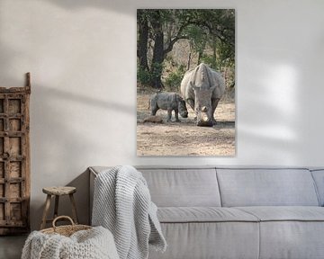 Nashorn mit Baby und Vogel in Afrika von Christiaan Van Den Berg
