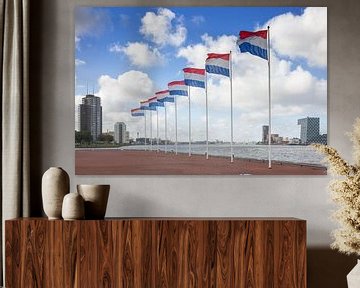 Drapeaux néerlandais sur la Nieuwe Maas à Rotterdam sur Rick Van der Poorten