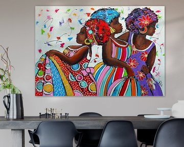 Curacao kleurrijke dansende dames van Vrolijk Schilderij